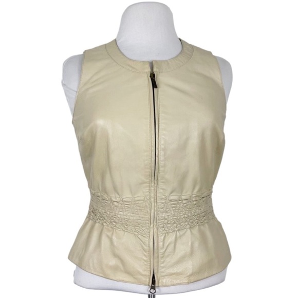 Cache 100% Lamb Leather Vintage Full Zip Sleeveless Peplum Vest Cream Size 4 Y2K - Picture 1 of 15